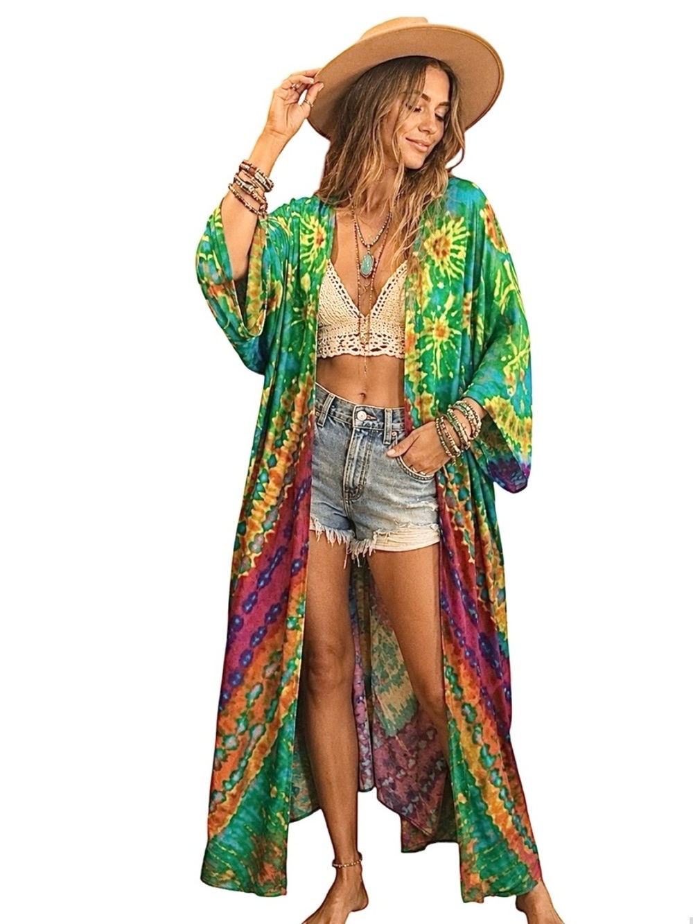 Colorful Tie-Dye Boho Kimono Duster Lightweight Festival Cover-Up One Size